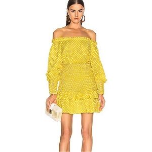 Alexis Marilena Off the Shoulder Mini Dress in Yellow Dot. Size Medium.